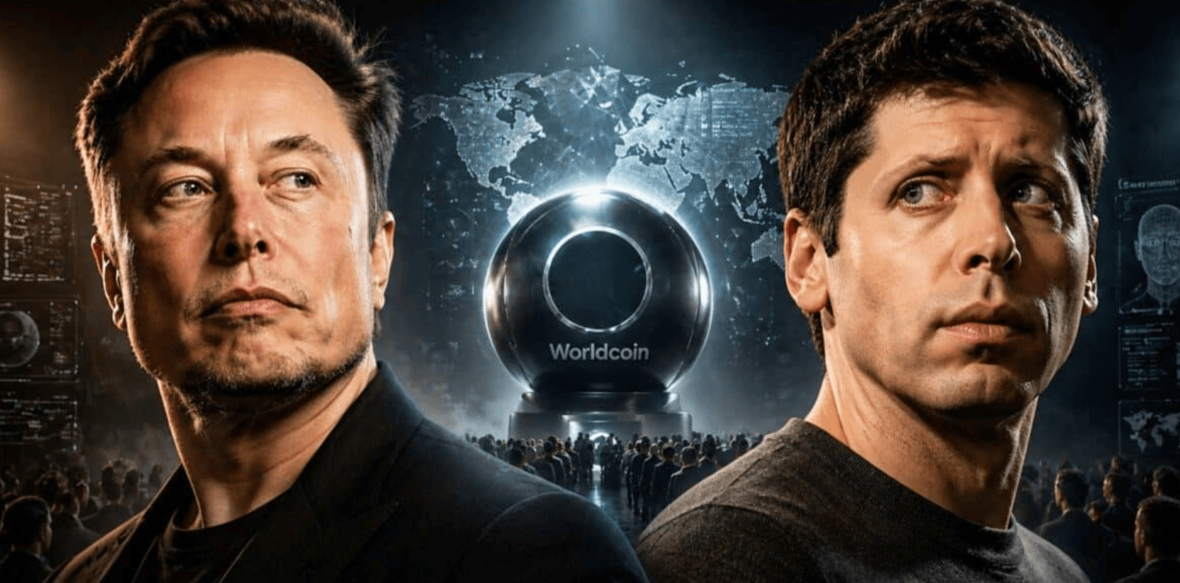 Elon Musk and Sam Altman themed illustration with a Worldcoin-style orb, representing the Scam Altman coin meme narrative..png