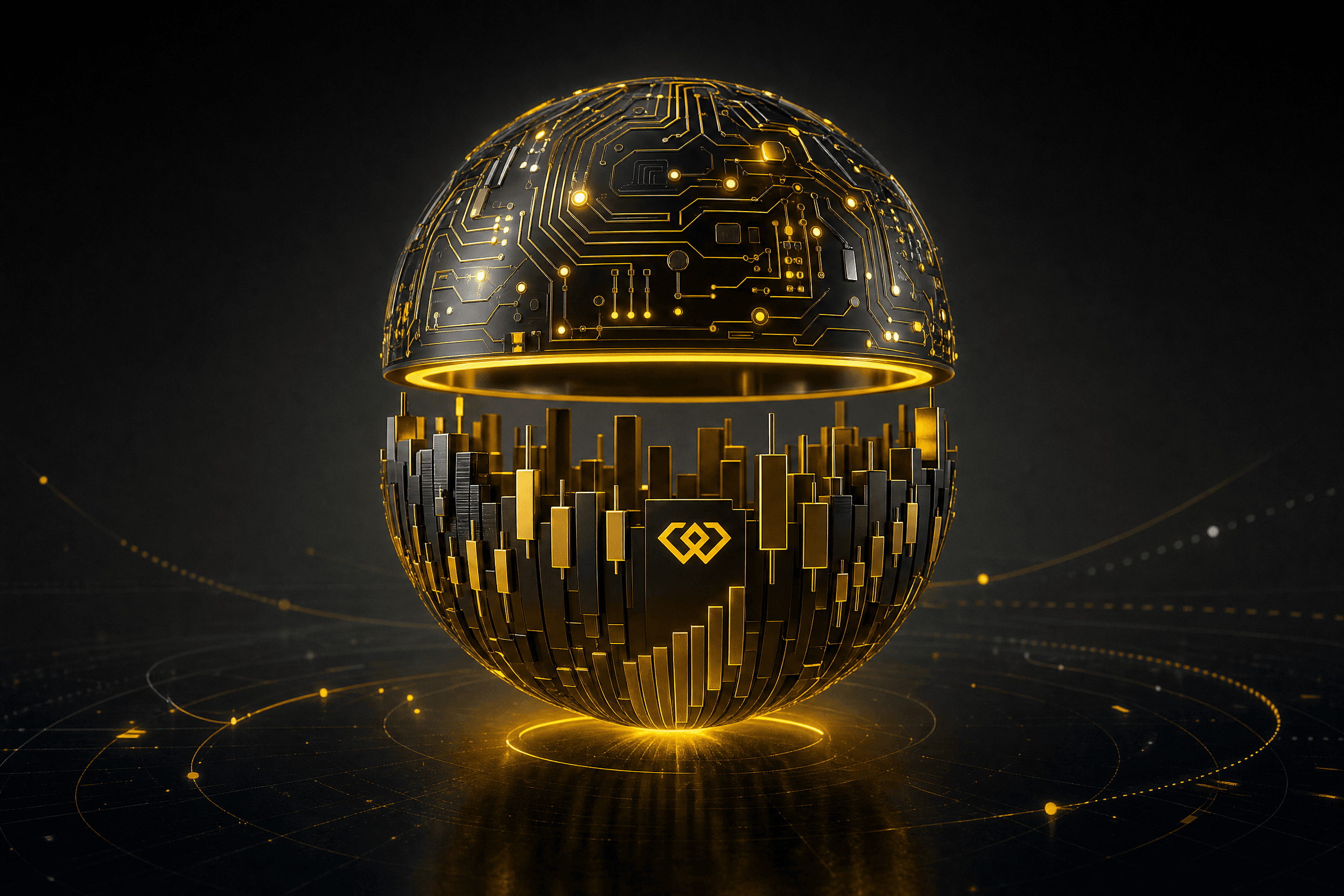 3D rendering of a two-part, black-and-gold sphere. Above, a glowing circuit board (TradFi); below, crypto candlesticks with the golden WEEX logo.