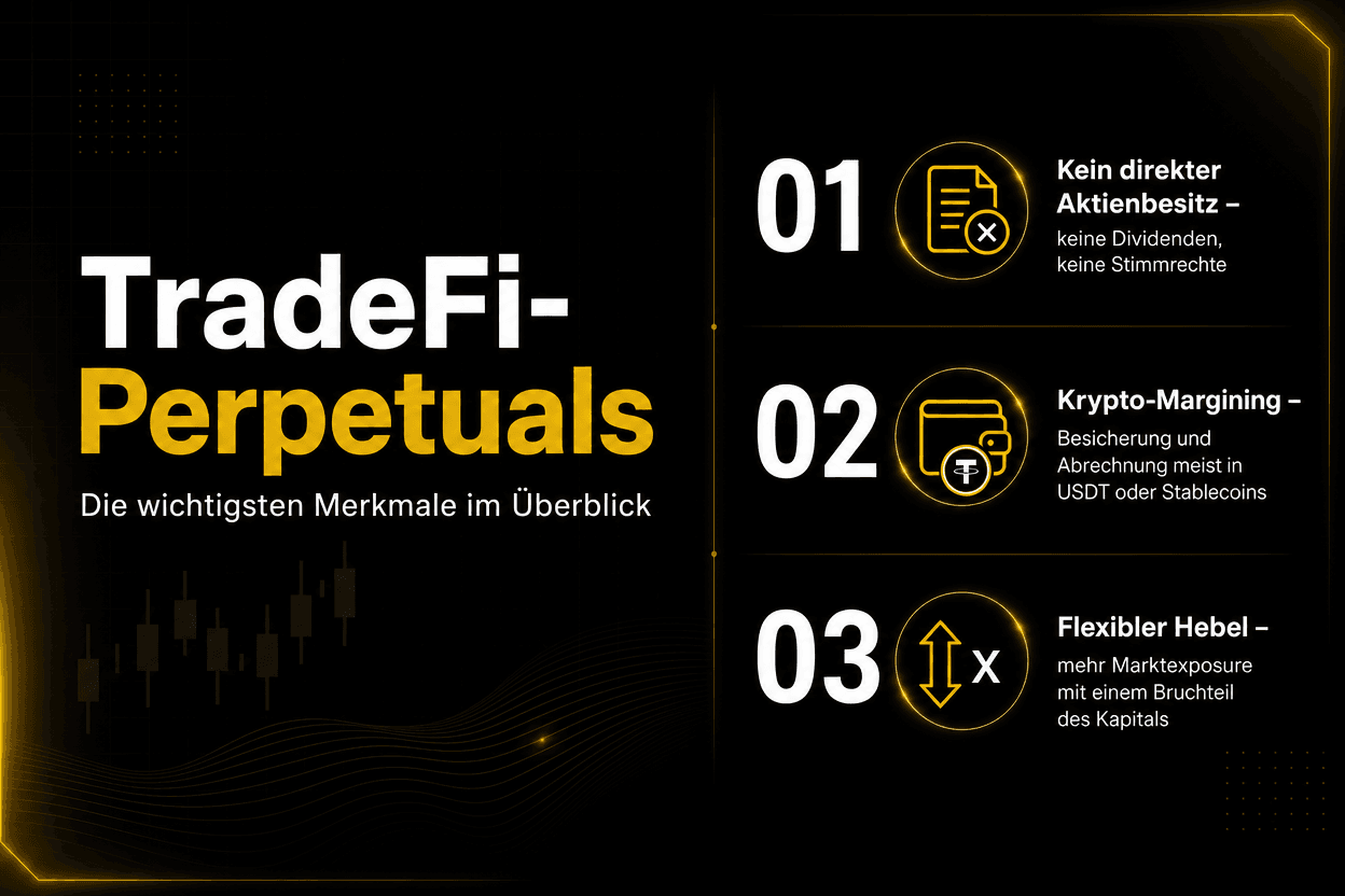 Infographic: TradFi Perpetuals. No direct stock ownership, crypto margining in USDT, and flexible leverage for greater market exposure.